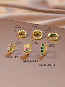 Give Her The Best Gift! 1/3 Pair Gold Emerald And Multicolor Cubic Zirconia Huggie Earrings, Floral And Round Cut Zirconia Design Hoops, Perfect For Birthday, St. Patrick's Day, Valentine's Day And Christmas, High Quality Jewelry - Gold - View 4