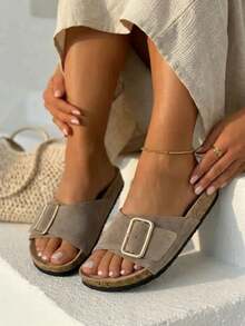 Elegant And Comfortable Women's Suede Slippers Made Of Natural Leather, On A Cork Sole, With A Gold Buckle And Contoured Insole, Ideal For Summer Black Beige Green - Khaki - View 2