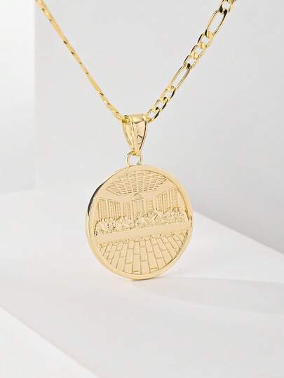 1PC Vintage Religious Fashionable Versatile Exquisite The Last Supper Pattern Necklace For Women, Elaborately Made Of 14k Gold Plated Copper With Clear Vintage Pattern, Matched With 60cm Figaro Chain, Ideal For Catholic First Communion And Baptism Gift, Suitable For Daily Commute, Worship And Dating, Elegant And Graceful