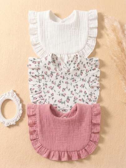 3pcs Newborn Floral Muslin Bibs, Soft & Skin-Friendly Baby Drool Bibs With Ruffled Edge, Suitable For Daily Use In All Seasons