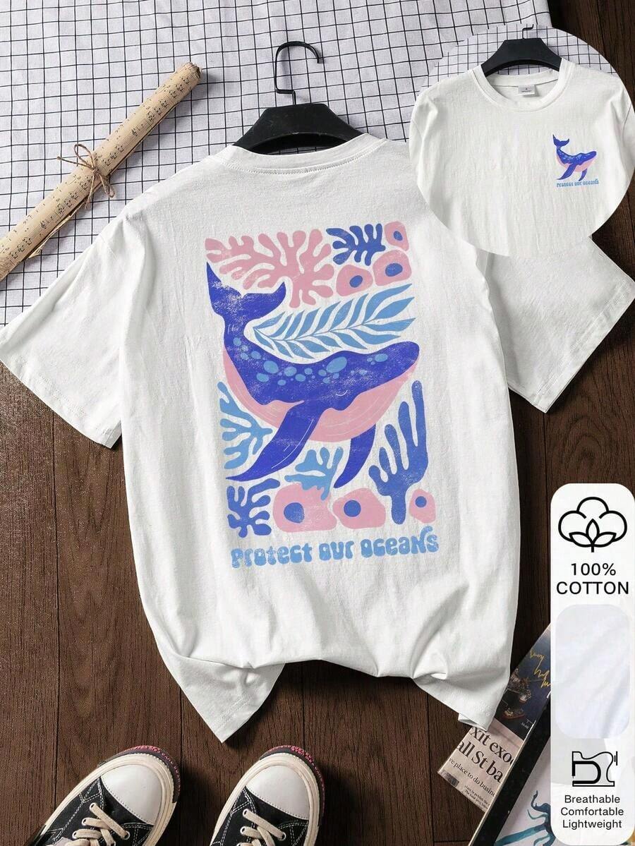 Camiseta de manga corta de 100% algodón con estampado de ballena y océano, camiseta blanca, camiseta gráfica, atuendo de verano blanco, ropa de verano casual, camiseta de algodón, atuendo de vuelta al colegio, inspiración de atuendo escolar, esencial de vuelta al colegio, atuendo para el primer día de colegio, atuendo de vuelta al colegio 2026 - Blanco - Ver 1