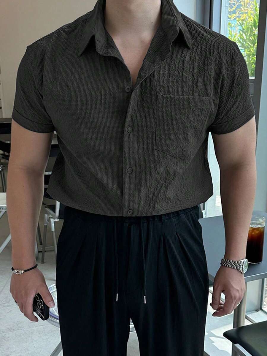 男士纯色纹理商务休闲衬衫 - 黑色 - 查看 1