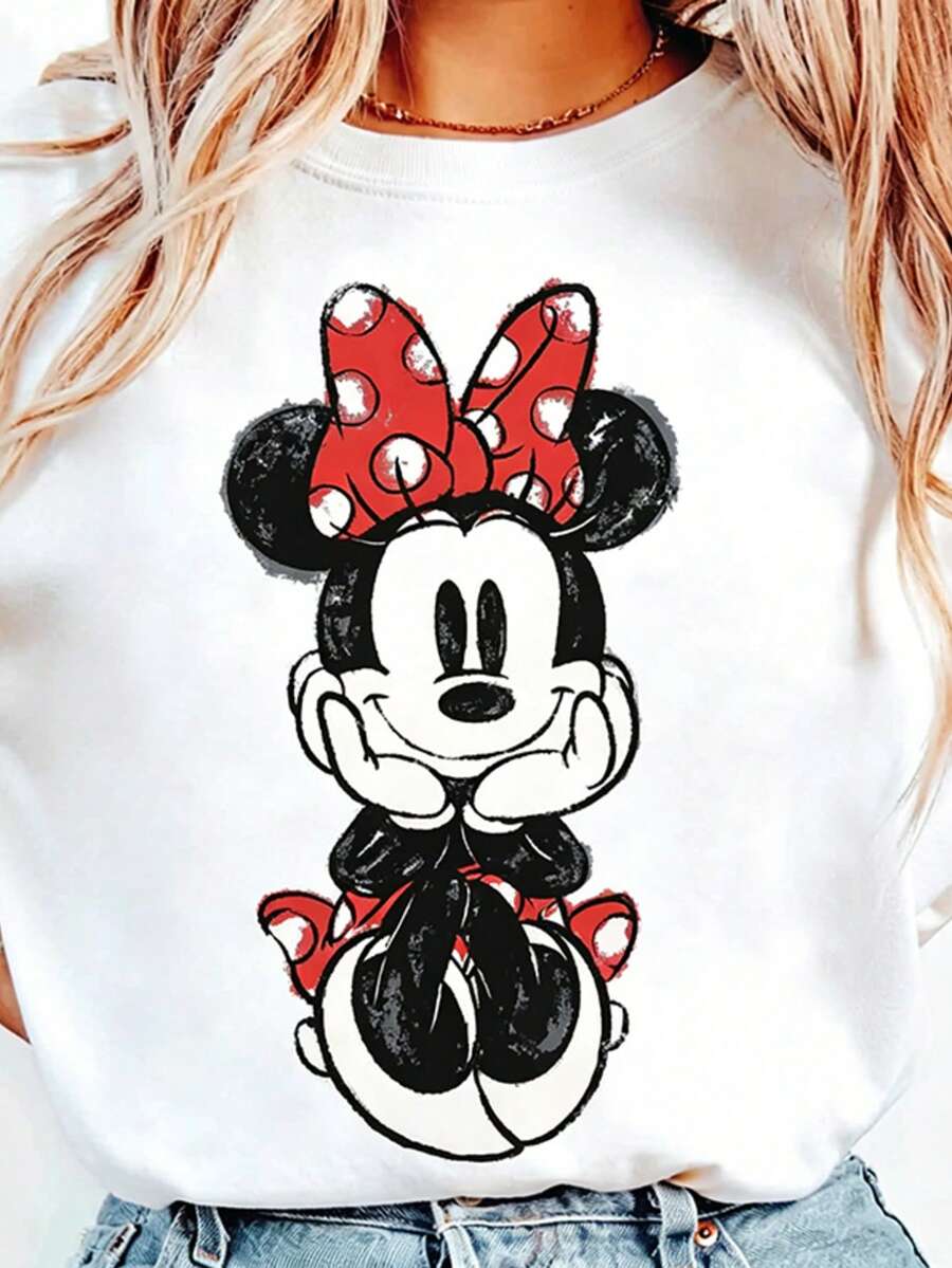 (Authorized By Disney. Mickey Mouse) Minnie Mouse, With Watercolor Hand-Painted Style, Presents A Face-Supporting Shape, Iconic Red Polka-Dot Bow And Shoes, A Group Of Elegant Ladies, Ladies' Cotton T-Shirts, Soft, Comfortable And Breathable, Suitable For Daily Wear, Shopping, Travel, Parties And Home Use, The Same Clothes For Men And Women, And The Same Models For Couples, And Also Suitable As Exquisite Gifts. Every Woman Should Have One. - 白色 - 查看 1