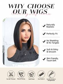 Tóc giả thẳng dáng bob bằng sợi tổng hợp dài 12 inch, màu đen với họa tiết tiền màu nâu nhạt, chịu nhiệt, thích hợp sử dụng hàng ngày, đi làm, đi học, hẹn hò, sinh nhật, Halloween, Giáng sinh, Lễ Tạ ơn, lễ hội âm nhạc, quà tặng phong cách Y2K cho bạn thân, chị gái, mẹ, bạn gái, trông tự nhiên, thoải mái, không cần keo, dễ đội. - màu nâu - Xem 8