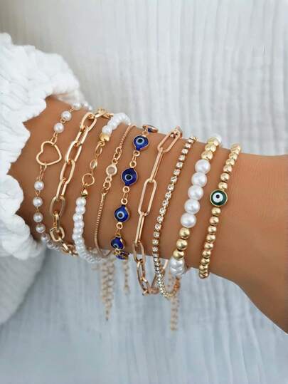 9件套时尚百搭首饰套装，包含恶魔之眼锆石珍珠手链 - 女士奢华魅力首饰，适合日常佩戴和派对场合