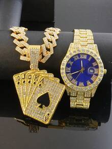 Conjunto de collar con colgante de póker con diamantes de imitación estilo real y reloj con esfera azul completamente cubierto de diamantes de imitación, estilo punk para hombres, joyería a juego de rapero de hip hop - Azul - Ver 19