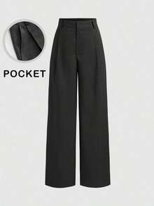 Mono de diseño minimalista Vela Rue con cierre de gancho y cremallera, pantalones anchos de color azul marino sólido semitransparente y ligeros, pantalones anchos de moda para todas las estaciones - Negro - Ver 9
