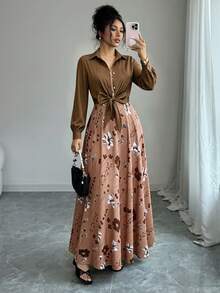 Women's Elegant Printed Long Sleeve Dress And Jacket Set, Chic Two Pieces Outfit For Date, Commute, And Daily Wear Vacation Spring - Brown - View 2