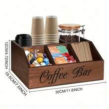 Manovix Brown Wood Coffee Bar Organizer Station, Large Capacity Countertop Storage Box For Coffee Pods Tea Bags Creamer Sugar Stirrer, Multi-Compartment Wooden Coffee Station Rack, Rustic Style Kitchen Counter Organizer Shelf For Coffee Lovers, Cafe, Office Breakroom & Hotel - Wooden - View 2