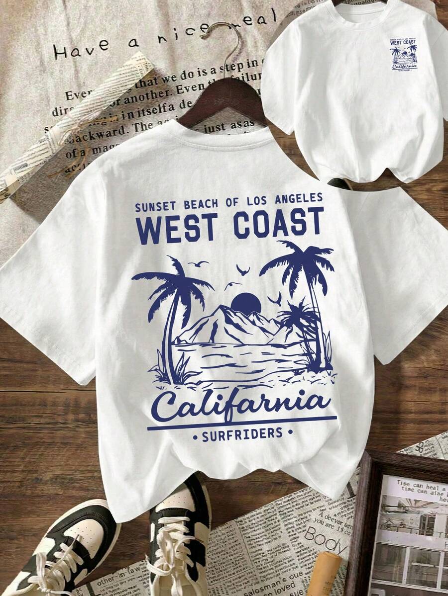 Áo thun ngắn tay cỡ lớn dành cho nữ, in chữ phong cách bãi biển California bờ Tây, kiểu dáng thường ngày, họa tiết cây dừa, trang phục nữ thoải mái và đa năng, phù hợp cho các hoạt động hàng ngày và đi biển, mẫu áo mới mùa xuân/hè. Màu trắng. - trắng - Xem 1