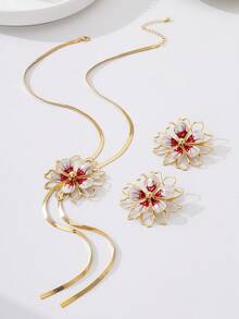 Bộ trang sức thời trang gồm dây chuyền và bông tai hình hoa nhỏ giọt dành cho nữ. - bộ hoa - Xem 8