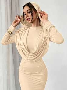 abyoxi Vestido maxi elegante de mujer de color albaricoque, suave y brillante - Presenta cuello drapeado, diseño con capucha y bajo de cola de pez, ideal para dama de honor, boda, té de la tarde, celebración de Año Nuevo y talla grande en primavera - Albaricoque - Ver 8