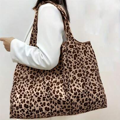 1 chiếc túi tote cỡ lớn in họa tiết da báo - Túi mua sắm bằng polyester rộng rãi và bền chắc, màu nâu, thiết kế có thể gập lại, phù hợp cho sinh hoạt hàng ngày, dịp năm mới, du lịch, tay cầm chắc chắn, phụ kiện thời trang, mua sắm ngày Valentine.