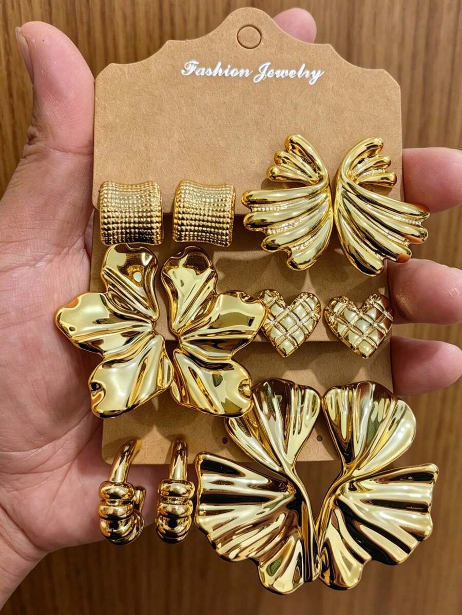 12pcs Gold-Tone Earring Set, Suitable For Daily Wear - Gold - View 1