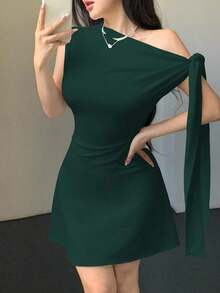 Vestido minimalista para mujer con estampado floral de tinta, hombro asimétrico con lazo, cintura ajustada - Verde Oscuro - Ver 7