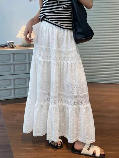  EARO 女士白色长款镂空刺绣蕾丝边半身裙，松紧腰设计，休闲无弹面料A字裙，时尚优雅百搭春季单品