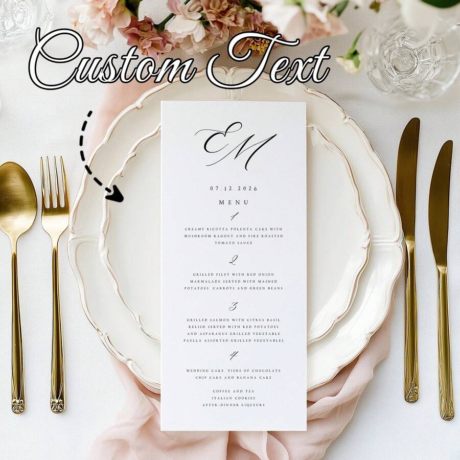 Custom Elegant Minimal Wedding Menu, Personalized Modern Script Dinner Menu, Reception Menu Card, Minimalist Wedding Menu, Engagement Bridal Shower Menu, Anniversary Dinner Menu, Custom Table Card, Wedding Table Decor, Party Dining Menu - Multicolor - View 1