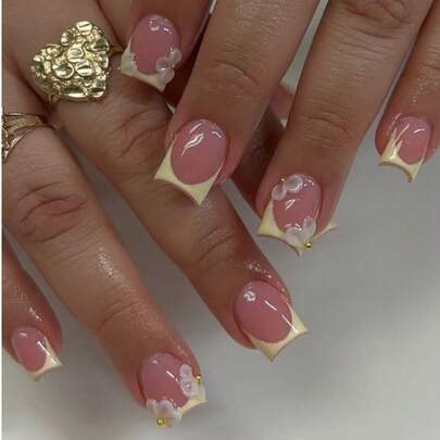 24pcs Short Square Minimalist Yellow French Tip Acrylic Nail Stickers, White Embossed Floral & Golden Pearl Decor Design, Elegant Style Full Coverage Nail Art For Summer, Suitable For Girls And Women For Daily, Date, Party Wear