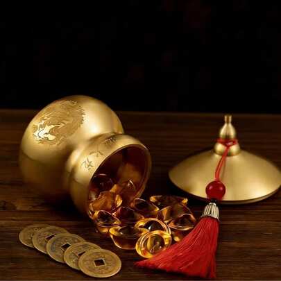 黄铜风水葫芦，中式风格装饰，象征健康、长寿和繁荣，东方吉祥摆件，适用于家居、办公室、房间、厨房装饰。