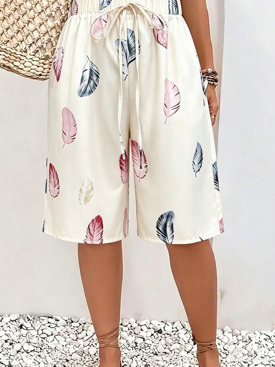 Women's Summer Floral Print Faux Drawstring Waist Mid-Length Bermuda Shorts Resort Wear Vacation White - White - View 1