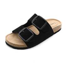 lunryet Cork Footbed Sandals For Women – Comfortable Double Buckle Slip-On With Genuine Suede Footbed & Arch Support Slides For Women Footwear - MÀU NÂU ĐỎ - Xem 1