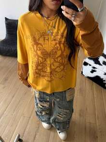 TopstopsCoolane Women's & Men's Spring/Summer Couple Same Style Streetwear Goth Grunge Punk Casual Vintage  Cotton Graphics Comfortable Round Neck Patchwork Brown And Beige Oversized Long Sleeve  T-ShirtLoose And Comfortablesummer Topssummer Tops - 黃色 - 查看 3