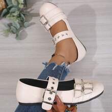 Teens' British Style Double Buckle Shoes, Round Toe Mary Jane Shoes, Retro School Uniform Shoes, All Season - Beige - View 9
