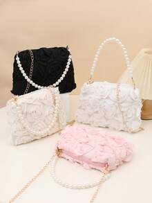 1 pezzo Borsa a tracolla 3D con fiore di rosa, catena di perle, versatile per uso quotidiano, pendolarismo, appuntamenti, abbigliamento da sera - Multicolore - Visualizzare 1