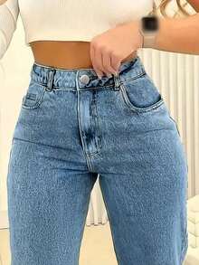 Quần jeans nữ dáng rộng, ống thẳng, kiểu dáng cơ bản, có túi. - Rửa trung bình - Xem 2