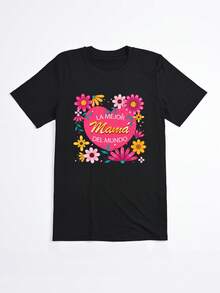 Camiseta Negra con Estampado Floral y Texto La Mejor Mama del Mundo para Mujer Casual - Negro - Ver 2