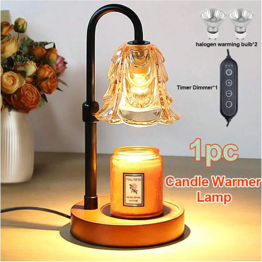1pc Adjustable Dimmable Timer Controlled Heat-S-Afe Metal & Amber Wave Glass Candle Warmer Lamp, Vintage Aesthetic Style Bell Shaped Table Lamp With 2 Extra Halogen Bulbs, Smoke-Free Wax Melting, Warm Atmosphere Lighting, Fragrance Diffuser, Ideal For Bedroom Living Room Decor, Christmas Birthday Housewarming Holiday Gifts & All-Season Home Fragrance Use