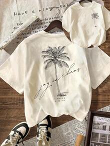 Women's Cotton T-Shirts Women's Cotton T-Shirts Women's Short Sleeve T-Shirt With Round Neck And Palm Tree Print, Ideal For Summer And Beach Holidays - 杏色 - 查看 6