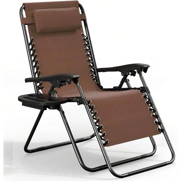 Silla plegable de acero con malla reclinable para patio, playa y jardín, con cojines, portavasos y bandejas, silla de camping portátil para patio - marrón