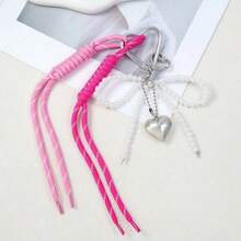 1 Pc Silver Big Heart Pearl Bow Keychain Cute Pearl Design For Girls Women Y2K Key Chains Bag Purse Charm Accessory - Pink - View 11