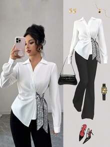Blusa elegante femenina de manga larga blanca para oficina, cuello solapa en V, nudo asimétrico lateral con cinta estampada paisley, cintura fruncida entallada.Tela caída suave, estilo intelectual elegante, ideal para trabajo y uso diario. - Negro - Ver 8