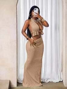 Conjunto de top halter metálico calado y minifalda para mujer - Caqui - Ver 5