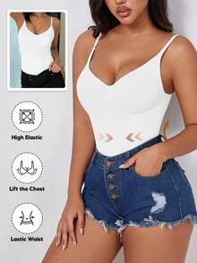 Women's Solid Color Slimming Waist Bodysuit, Suitable For Layering And Wearing Underneath White Summer - White - View 4