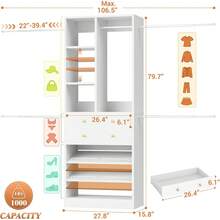 White Adjustable Closet Organizer System 4.2-8.8 FT, Walk-In Closet With 2 Wooden Drawers, Shelves & Hanging Rods, Fits 60-96 Inch Built-In Closet Tower - White - View 3