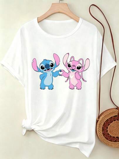 Disney Camiseta larga de verano para mujer con estampado de dibujos animados, cuello redondo, casual, ligeramente elástica, no transparente, de fácil cuidado, adecuada para deportes al aire libre y uso diario