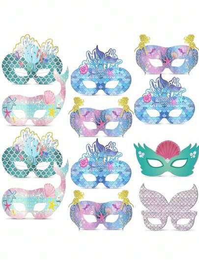 12 pièces Masques en papier thème océan, masques de rôle de princesse pour les yeux, accessoires pour photos d'anniversaire et de révélation du , fournitures pour fête de plage, accessoires de costume sans plumes, convient pour les décorations de fête, accessoires photo thème plage