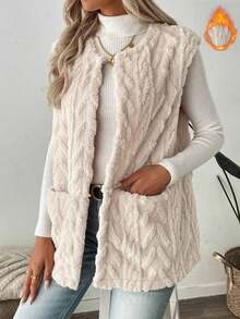 SUNSTORY Women's Winter Apricot Cable Knit Sleeveless Fleece Vest, Casual Versatile Style, Suitable For Layering, Commuting, Shopping, Store Visiting, Daily Outfits - Apricot - View 6
