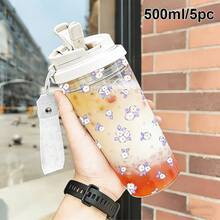 1个/5个 500毫升 可爱粉色蝴蝶结和爱心印花塑料杯，带吸管和盖子，防漏可重复使用水瓶，冷热饮杯，带提手，是送给女性、女孩的完美俏皮美学礼物，适合生日和返校季。 - 多色1 - 查看 7
