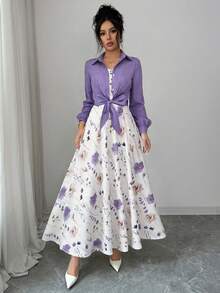 Women's Elegant Printed Long Sleeve Dress And Jacket Set, Graceful Two Pieces Outfit For Date, Commute, And Daily Wear Summer - Purple - View 2