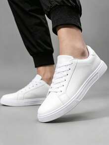 Clean White Modern Men's Sneakers, Low-Cut Skate Style With Lightweight EVA Outsole And Streamlined Silhouette - White 1 - View 6
