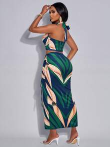 AIJ Amarilo Women's Elegant Tropical Print Ruched Hollow Out Fitted Metal Ring Buckle Niche Design Sleeveless Backless Camisole Top And Drawstring High Slit Skirt Two Pieces Set (Positioning Print) Summer - Dark Green - View 2