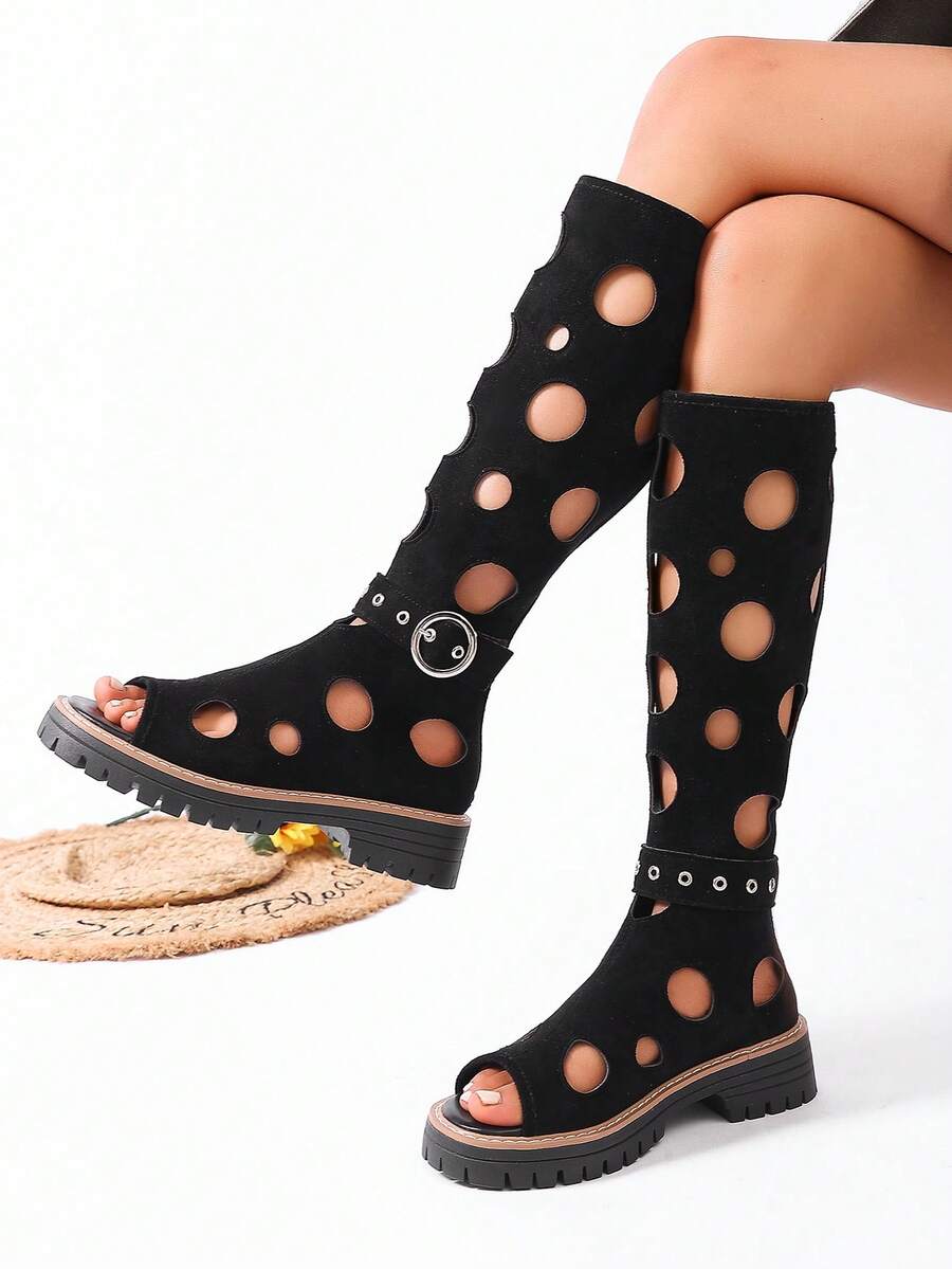 Women's New Hollow Out Sandals, Versatile European And American Fashion Flat Toe-Ring Front Zipper Stylish Boots, Spring/Summer - Black - View 1