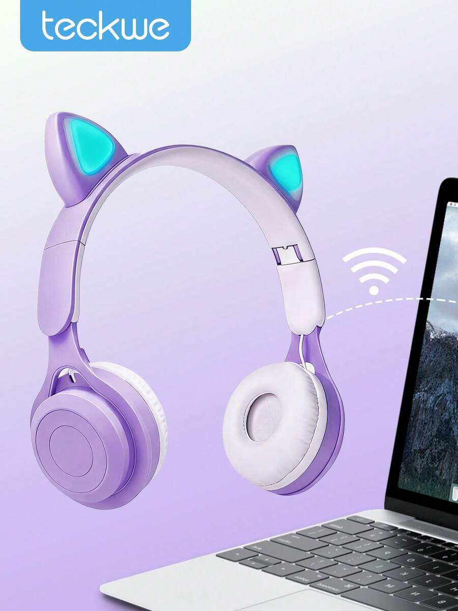 Teckwe Headphone Nirkabel Lipat Bentuk Telinga Kucing, Headphone Nirkabel Bentuk Telinga Kucing yang Berubah Warna dengan Mikrofon Terintegrasi, Kontrol Sentuh, dan Daya Tahan Baterai yang Lama - Satu-Ukuran - View 1
