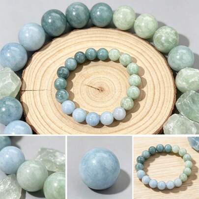 1pc Natural Gradient Blue & Green Stone Beaded Bracelet, Elastic Healing Crystal Bangle, Handmade Stackable Gemstone Jewelry, Aquamarine & Jade Energy Bracelet For Meditation & Daily Wear