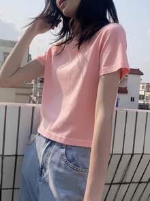 Short Sleeve T-Shirt, Solid Color, New Summer Style, Slim Fit, Versatile Round Neck Top Casual Pink - Pink - View 5