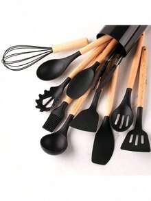Wooden Handle Silicone Cooking Utensils, Spatula Spoon Tools, Heat Resistant Food Tongs Mixer Accessories, Kitchen Tools - Multicolor - View 4